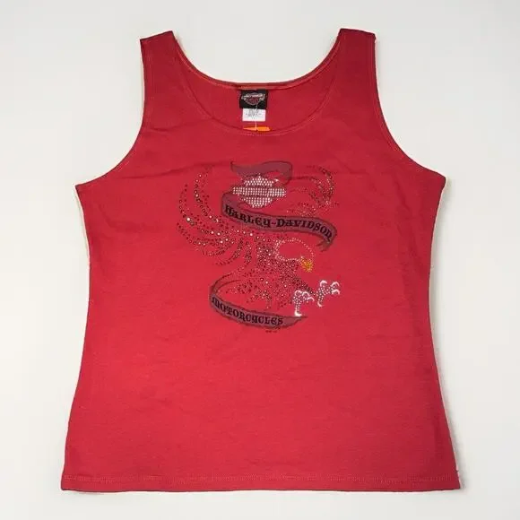 Harley Davidson Tank Top Wom 1X Red Orange Eagle Rhinestone 2007 Killer Creek GA - Picture 2 of 13